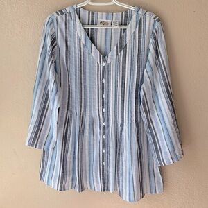 Collections Etc. Stripe Metallic Accent Roll Tab Sleeve Coastal Blouse Size L